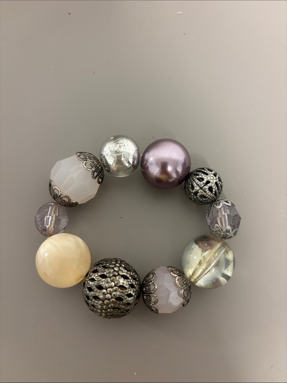 Chunky Lavender and Pearl Beaded Stretch Bracelet